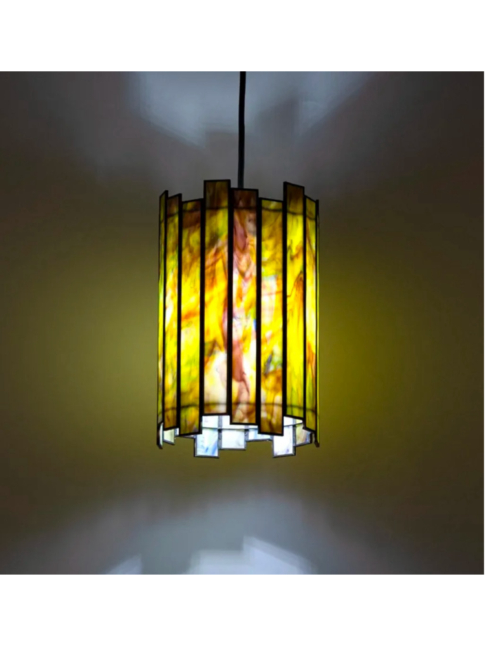 Tiffany Pendant Lighting, 7" Brass Cylindrical Hanging Lamp with Stained Glass